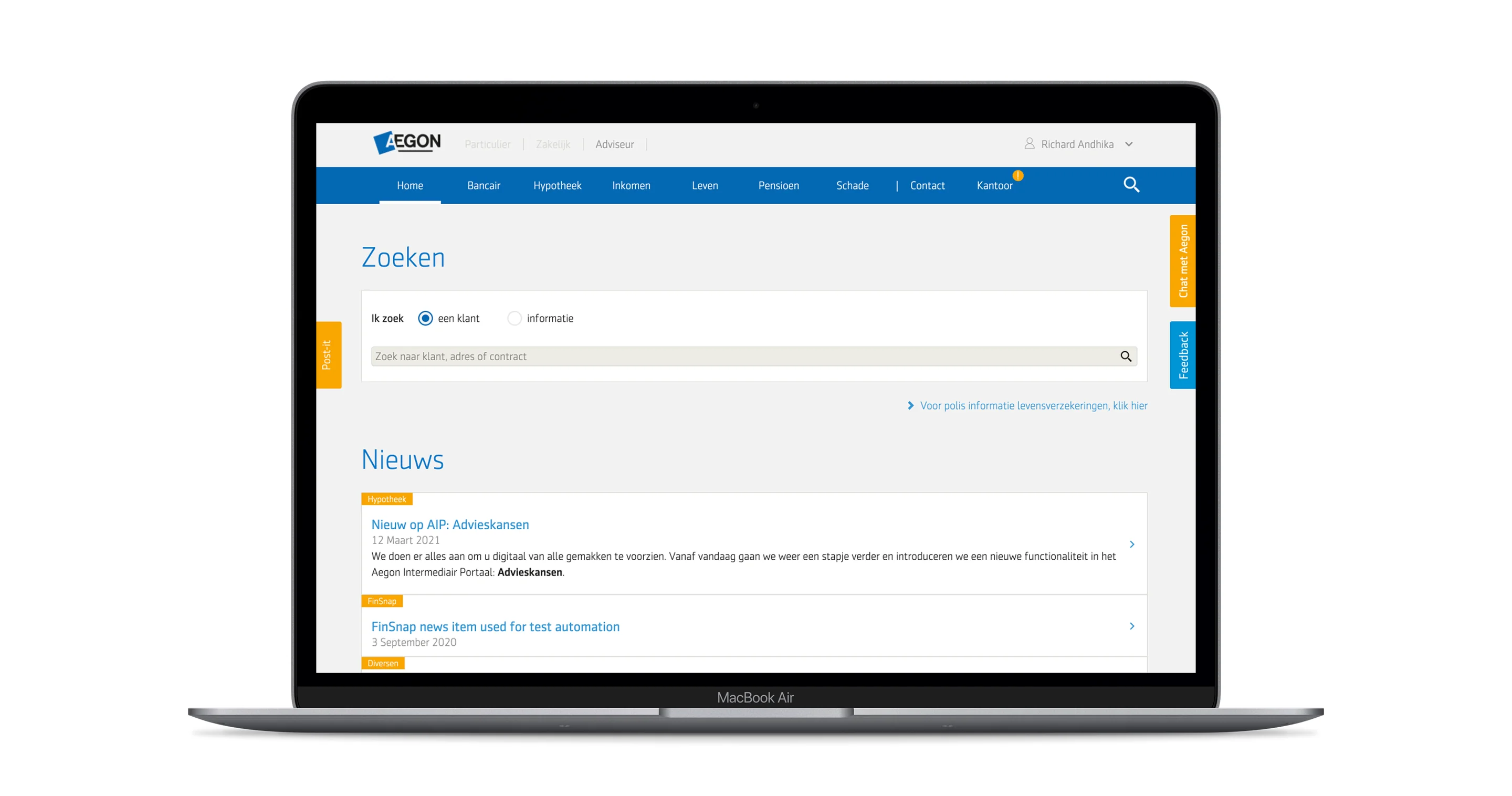 AIP 2.0 before the redesign: a six-business-unit mega-navigation exposing every link to every advisor.