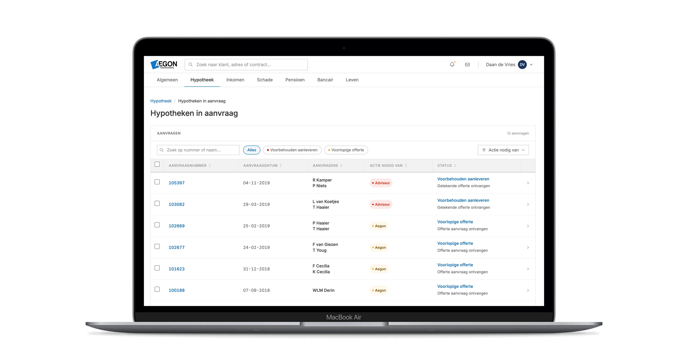 Mortgages-in-application screen rebuilt on the Aeon data table component.