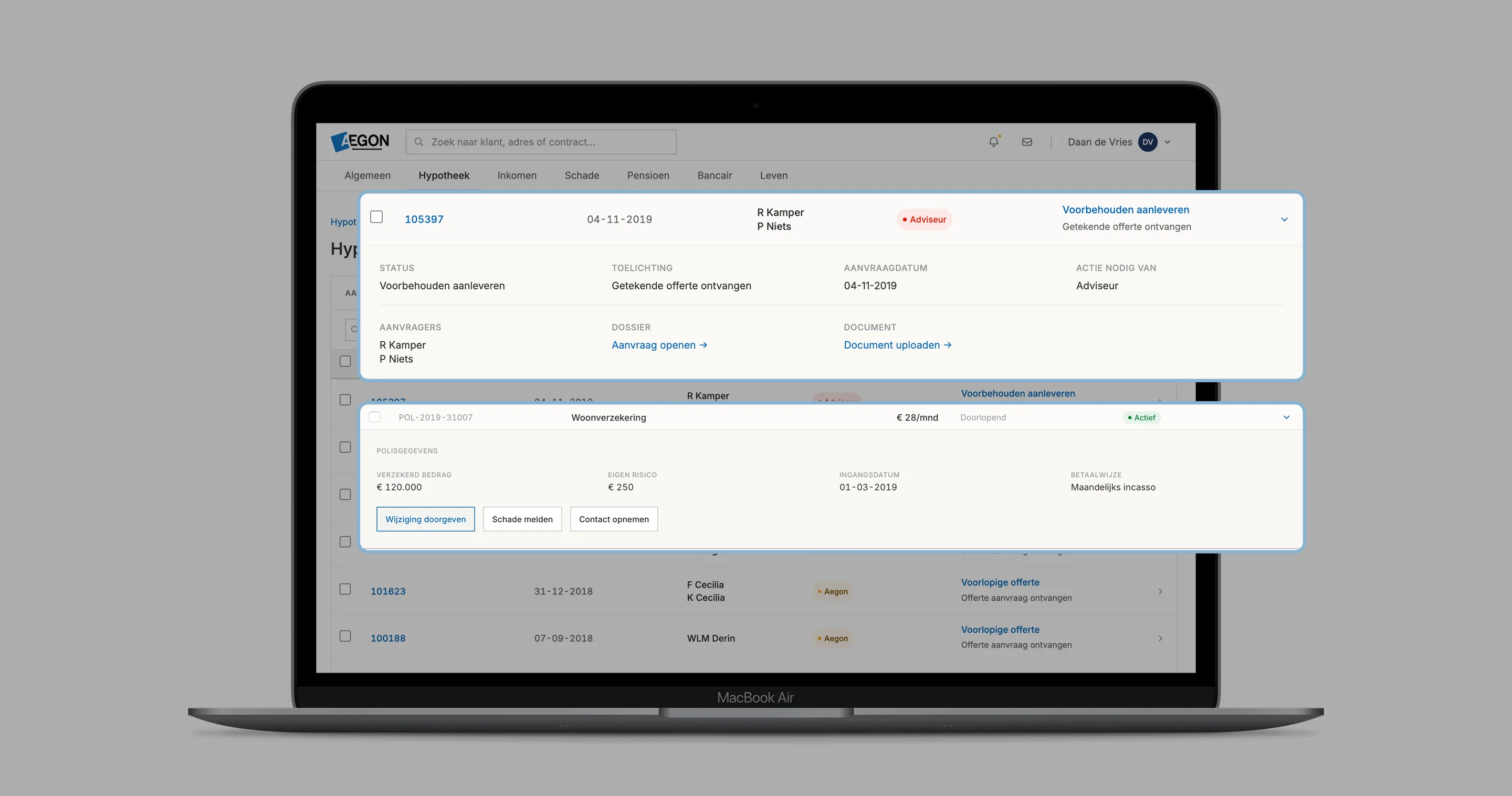 Mortgages-in-application screen with an expandable row opened to reveal mortgage detail.