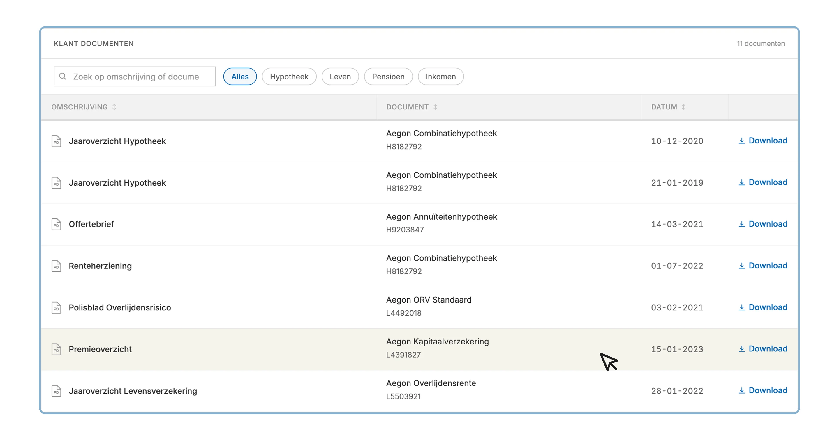 Client documents screen rebuilt on the Aeon data table component.