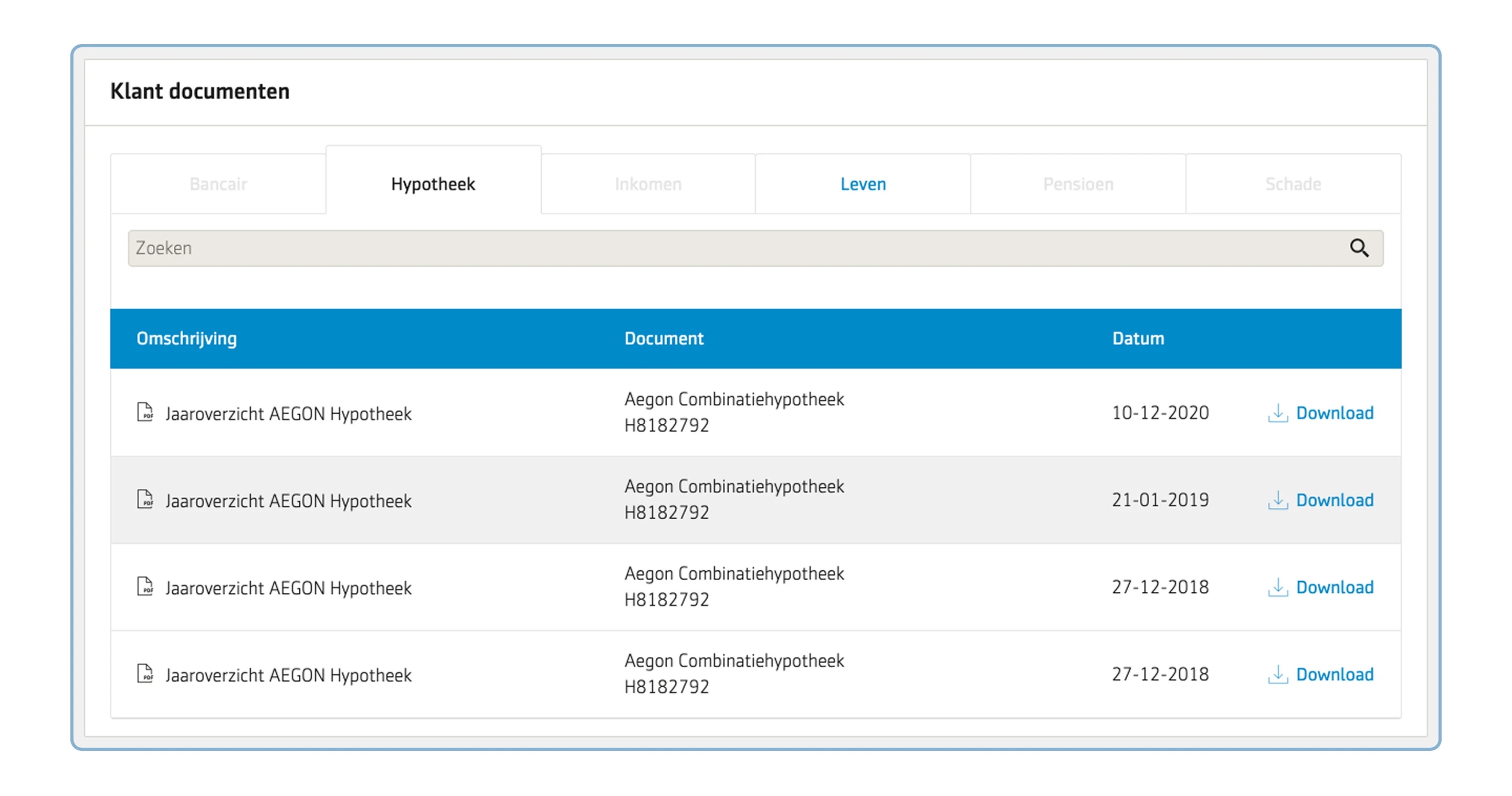 The original client documents screen before the Aeon data table was adopted.