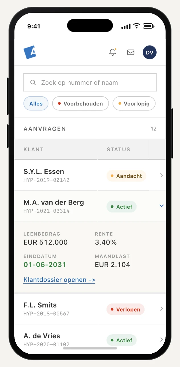 An expanded row on mobile revealing loan amount, interest rate, end date, and monthly cost inline.